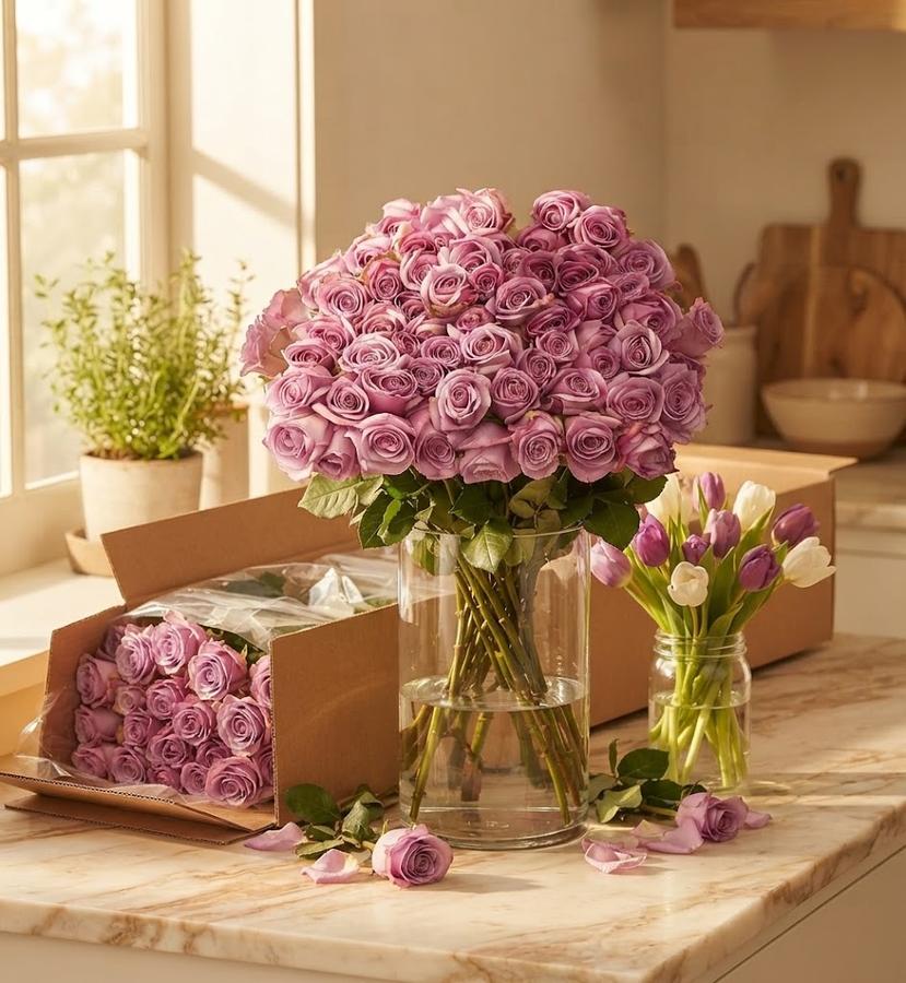 Purple roses, one hundred stems