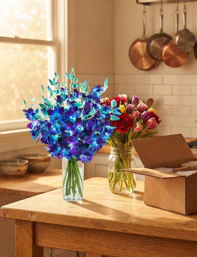 Blue orchid vase, twenty stems